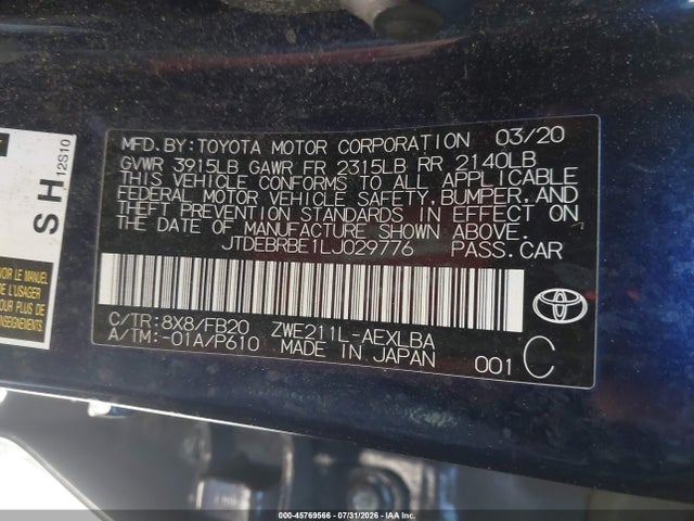 JTDEBRBE1LJ029776 Toyota Corolla Hybrid Le