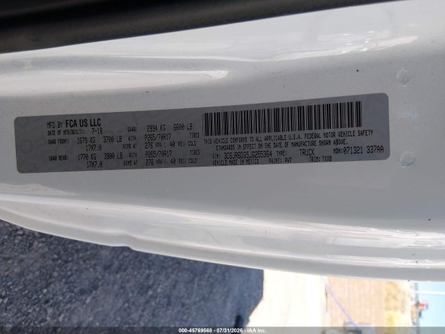 45769568 :رقم المزاد ، 3C6JR6DG5JG255364 vin ، 2018 Ram 1500 Tradesman  4x2 8' Box مزاد بيع