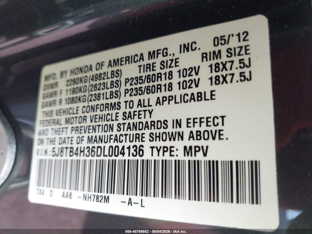 45769582 :رقم المزاد ، 5J8TB4H36DL004136 vin ، 2013 Acura Rdx مزاد بيع