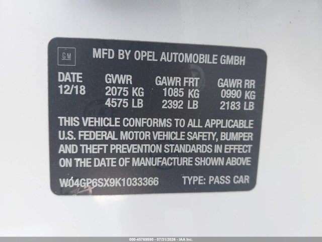 2019 Buick Regal Sportback Fwd Essence მანქანა იყიდება აუქციონზე, vin: W04GP6SX9K1033366, აუქციონის ნომერი: 45769590