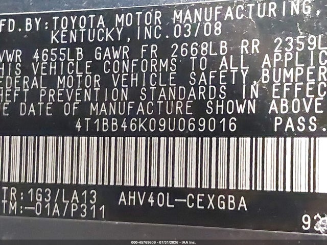 Aukcja sprzedaży 2009 Toyota Camry Hybrid, vin: 4T1BB46K09U069016, numer aukcji: 45769609