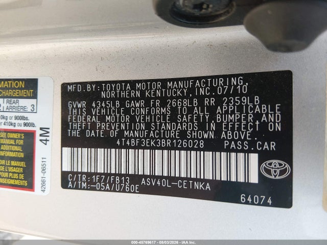 Продажа на аукционе авто 2011 Toyota Camry Le, vin: 4T4BF3EK3BR126028, номер лота: 45769617
