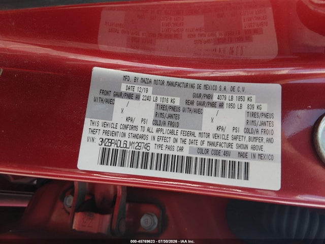 Продаж на аукціоні авто 2020 Mazda Mazda3 Preferred Package, vin: 3MZBPADL6LM129745, номер лоту: 45769623