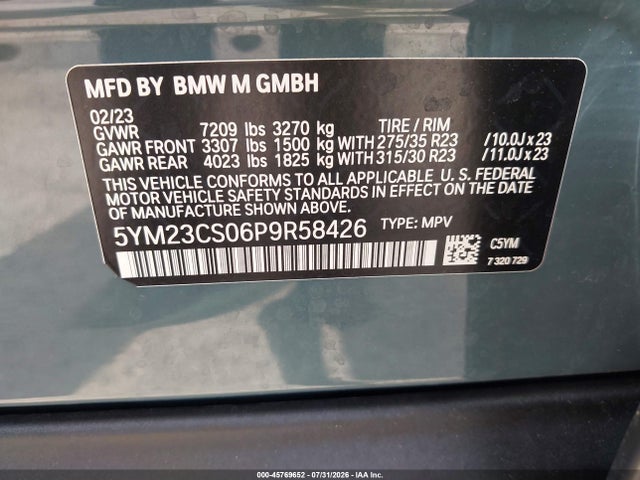 45769652 :رقم المزاد ، 5YM23CS06P9R58426 vin ، 2023 Bmw Xm مزاد بيع