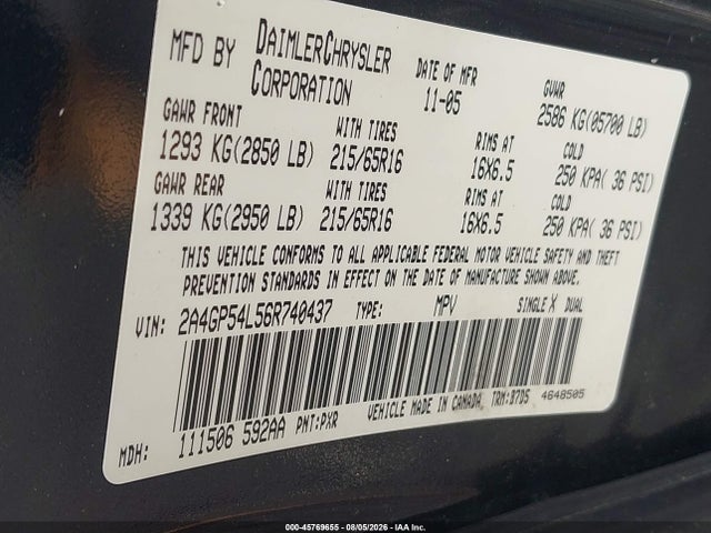 45769655 :رقم المزاد ، 2A4GP54L56R740437 vin ، 2006 Chrysler Town & Country Touring مزاد بيع