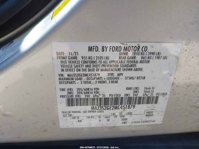 Aukcja sprzedaży 2021 Ford Ecosport Se, vin: MAJ3S2GE2MC451879, numer aukcji: 45769670