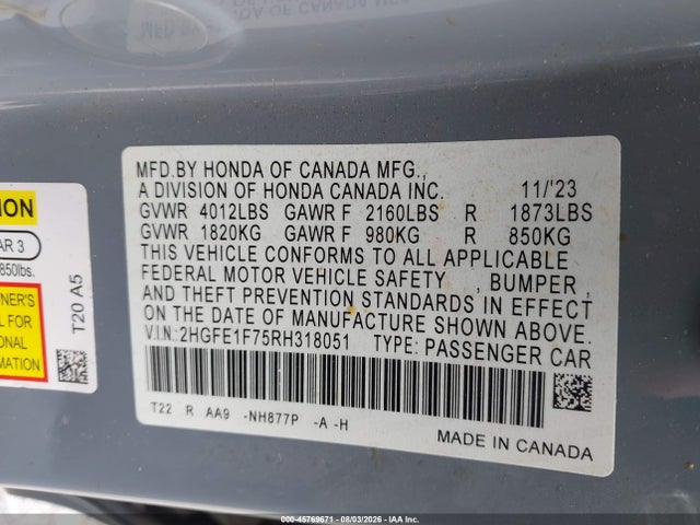 Honda CIVIC EX 2024 2HGFE1F75RH318051 Image 9