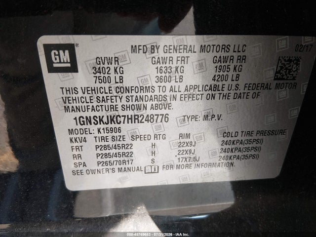 45769683 :رقم المزاد ، 1GNSKJKC7HR248776 vin ، 2017 Chevrolet Suburban Premier مزاد بيع