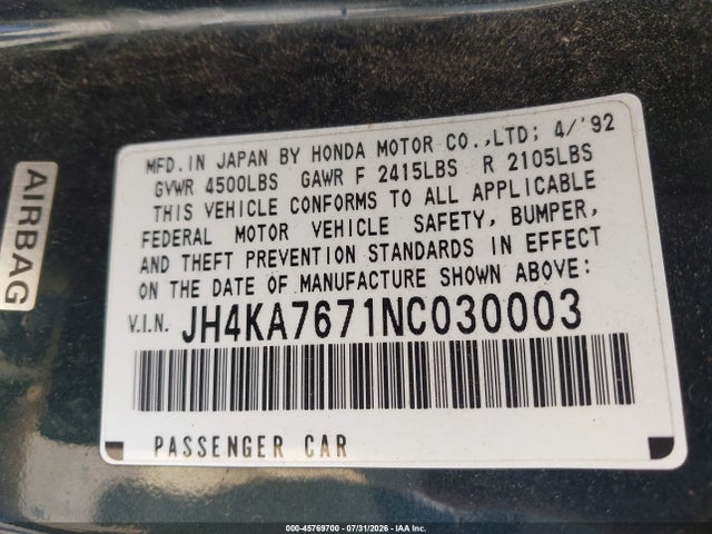 45769700 :رقم المزاد ، JH4KA7671NC030003 vin ، 1992 Acura Legend Ls مزاد بيع