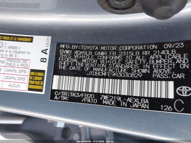 45769706 :رقم المزاد ، JTDBCMFE9R3030829 vin ، 2024 Toyota Corolla Hybrid Le مزاد بيع