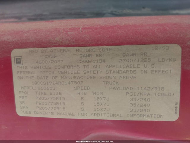 Aukcja sprzedaży 1994 Chevrolet S Truck S10, vin: 1GCCS19Z4R8147502, numer aukcji: 45769708