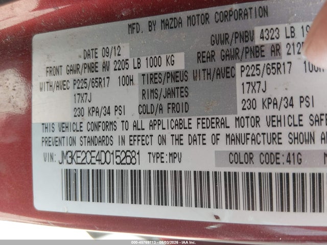 2013 Mazda Cx-5 Touring მანქანა იყიდება აუქციონზე, vin: JM3KE2CE4D0152681, აუქციონის ნომერი: 45769713
