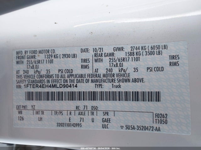 Ford RANGER XL 2021 1FTER4EH4MLD90414 Image 9