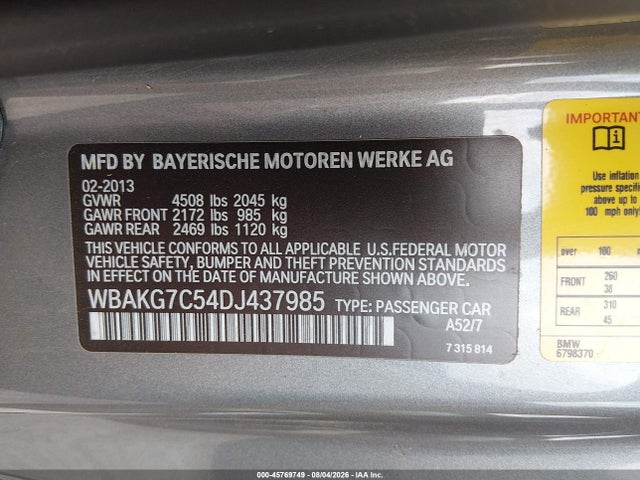 45769749 :رقم المزاد ، WBAKG7C54DJ437985 vin ، 2013 Bmw 335i مزاد بيع