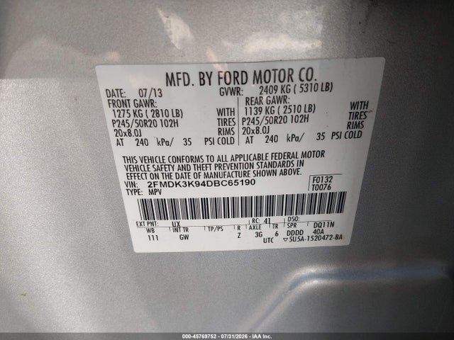 Продаж на аукціоні авто 2013 Ford Edge Limited, vin: 2FMDK3K94DBC65190, номер лоту: 45769752