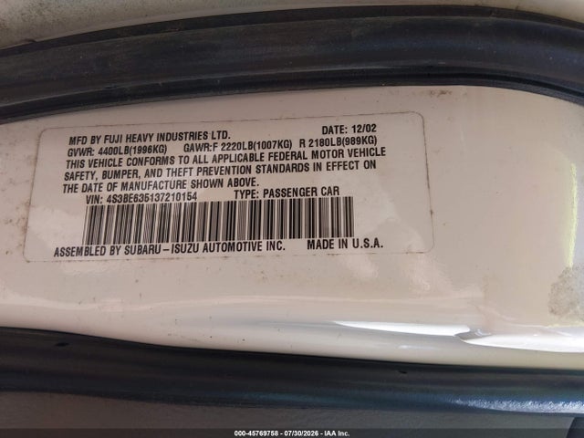 45769758 :رقم المزاد ، 4S3BE635137210154 vin ، 2003 Subaru Legacy L/l W/special Edition Package مزاد بيع