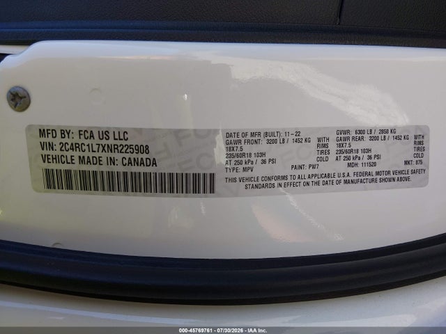 Продаж на аукціоні авто 2022 Chrysler Pacifica Hybrid Touring L, vin: 2C4RC1L7XNR225908, номер лоту: 45769761