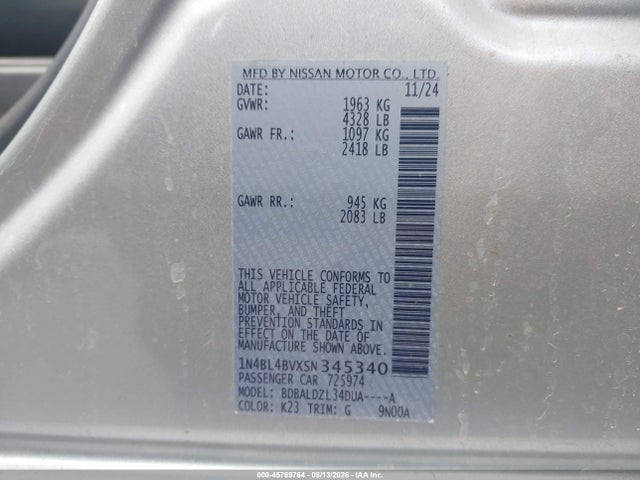 Auction sale of the 2025 Nissan Altima S Fwd, vin: 1N4BL4BVXSN345340, lot number: 45769764