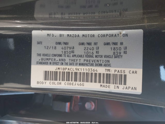 45769796 :رقم المزاد ، JM1BPACL9K1110364 vin ، 2019 Mazda Mazda3 Select Package مزاد بيع