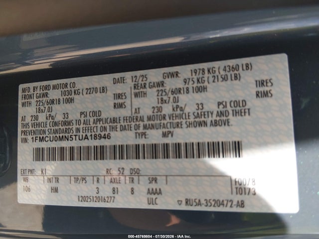 2026 Ford Escape St-line მანქანა იყიდება აუქციონზე, vin: 1FMCU0MN5TUA18946, აუქციონის ნომერი: 45769804