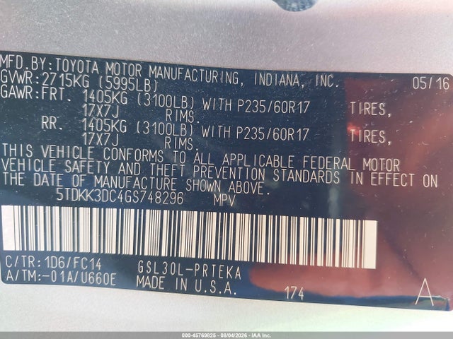 5TDKK3DC4GS748296 Toyota Sienna Le 8 Passenger