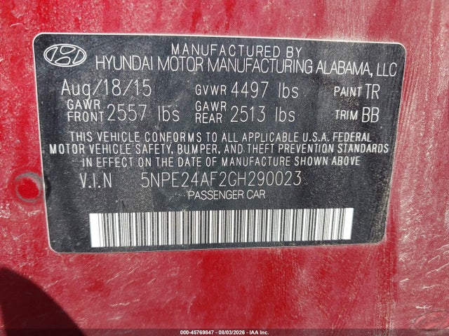 45769847 :رقم المزاد ، 5NPE24AF2GH290023 vin ، 2016 Hyundai Sonata Se مزاد بيع