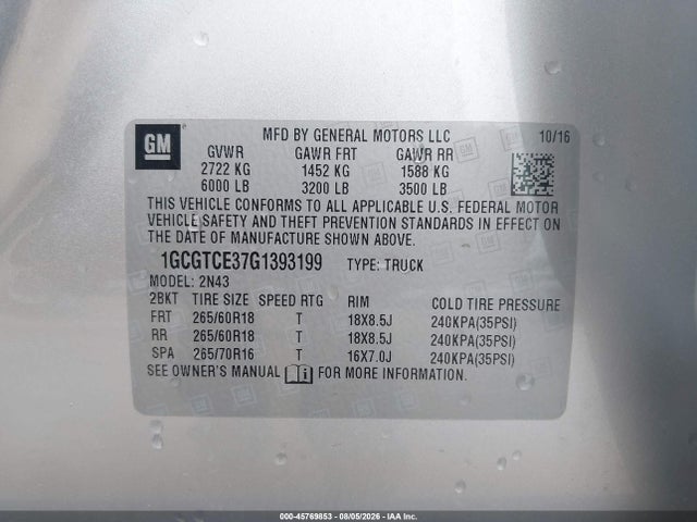 45769853 :رقم المزاد ، 1GCGTCE37G1393199 vin ، 2016 Chevrolet Colorado 4wd Lt مزاد بيع