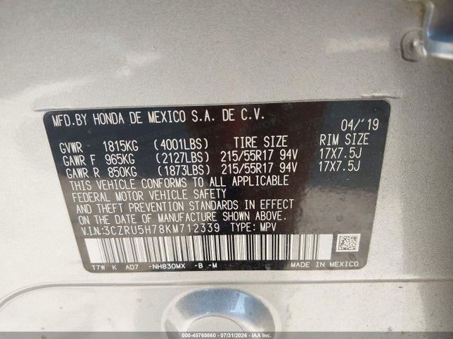 Aukcja sprzedaży 2019 Honda Hr-v Ex-l, vin: 3CZRU5H78KM712339, numer aukcji: 45769860