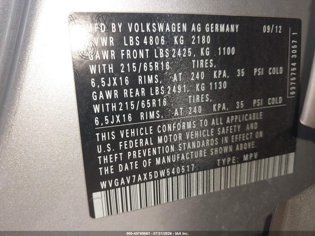 Aukcja sprzedaży 2013 Volkswagen Tiguan S, vin: WVGAV7AX5DW540517, numer aukcji: 45769862