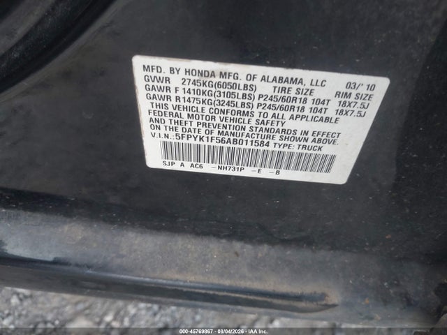 Продаж на аукціоні авто 2010 Honda Ridgeline Rtl, vin: 5FPYK1F56AB011584, номер лоту: 45769867