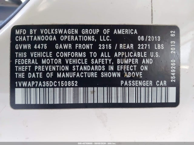 Продаж на аукціоні авто 2013 Volkswagen Passat 2.5l Wolfsburg Edition, vin: 1VWAP7A35DC150852, номер лоту: 45769888