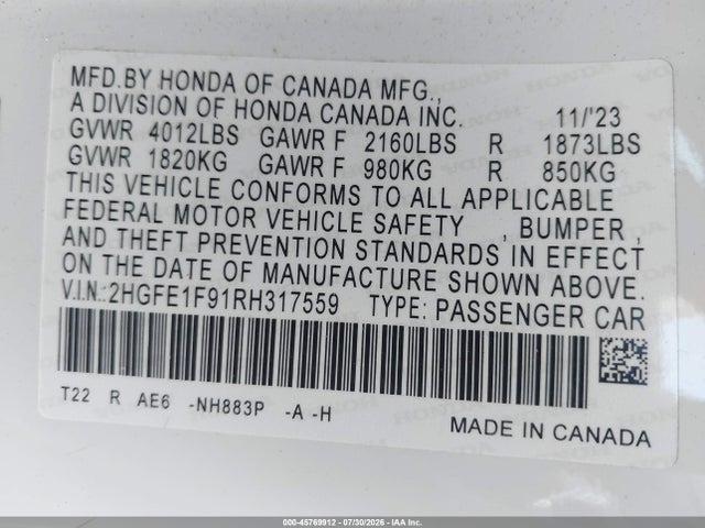 Honda Civic Touring 2024 2HGFE1F91RH317559 Image 9