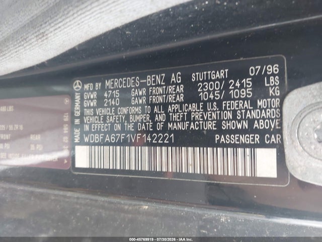 45769919 :رقم المزاد ، WDBFA67F1VF142221 vin ، 1997 Mercedes-benz Sl 500 مزاد بيع