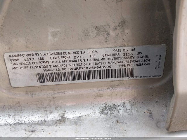 Продажа на аукционе авто 2005 Volkswagen Jetta 2.5, vin: 3VWRF71K25M640999, номер лота: 45769931