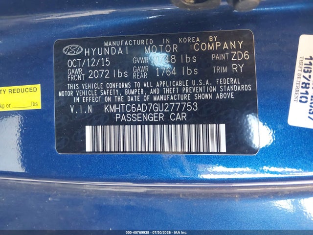 45769938 :رقم المزاد ، KMHTC6AD7GU277753 vin ، 2016 Hyundai Veloster مزاد بيع