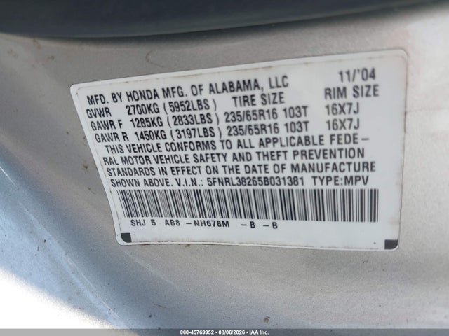 Продаж на аукціоні авто 2005 Honda Odyssey Lx, vin: 5FNRL38265B031381, номер лоту: 45769952