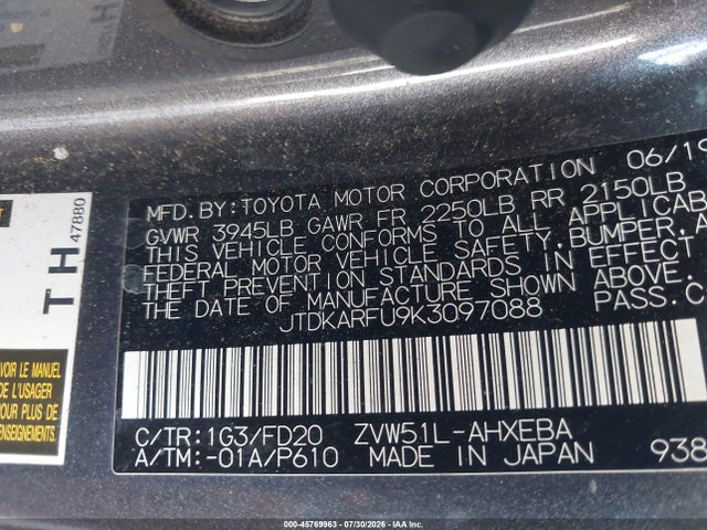 Toyota Prius Le 2019 JTDKARFU9K3097088 Image 9