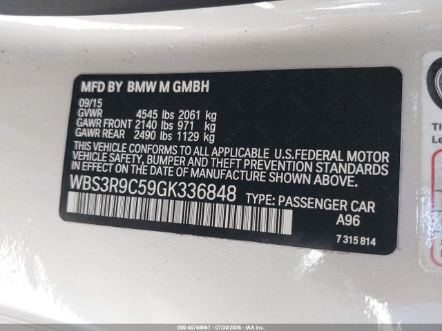 2016 Bmw M4 მანქანა იყიდება აუქციონზე, vin: WBS3R9C59GK336848, აუქციონის ნომერი: 45769967