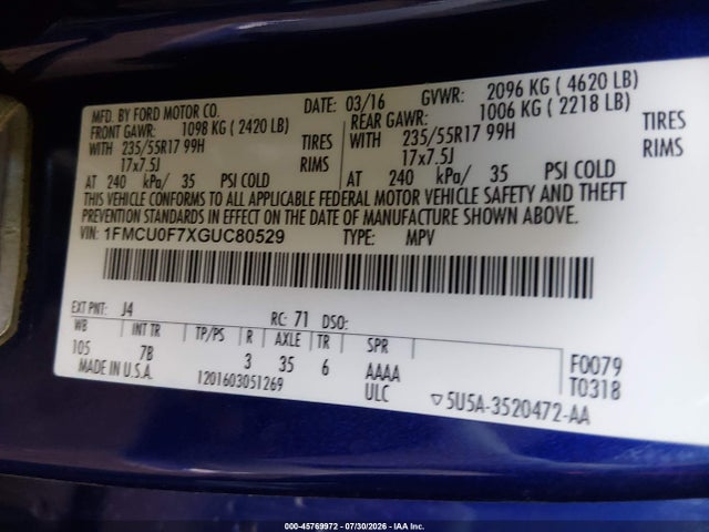 1FMCU0F7XGUC80529 Ford ESCAPE S