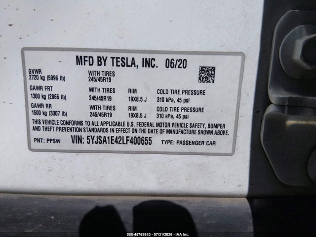 Tesla Model S Performance Dual Motor All-wheel Drive 2020 5YJSA1E42LF400655 Image 9