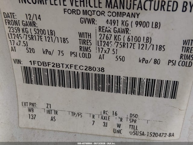 45769984 :رقم المزاد ، 1FDBF2BTXFEC28038 vin ، 2015 Ford F-250 Xl مزاد بيع