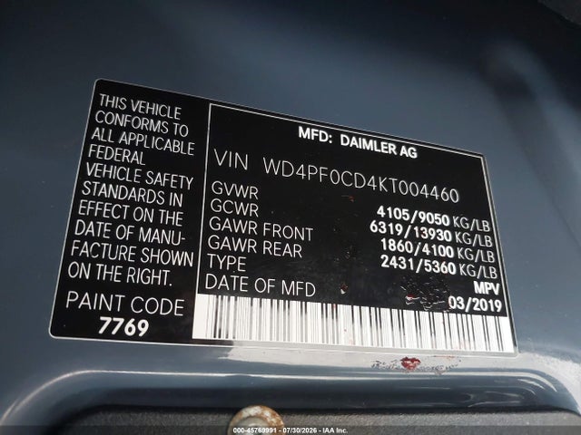 Продажа на аукционе авто 2019 Mercedes-benz Sprinter 2500 High Roof V6, vin: WD4PF0CD4KT004460, номер лота: 45769991