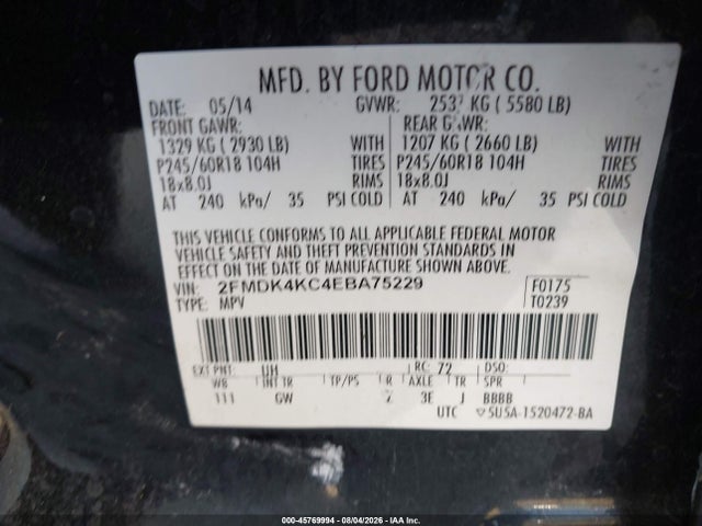 45769994 :رقم المزاد ، 2FMDK4KC4EBA75229 vin ، 2014 Ford Edge Limited مزاد بيع
