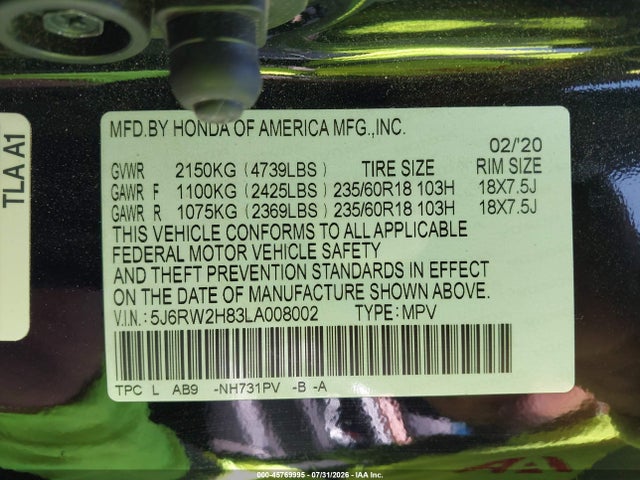 Honda Cr-v Awd Ex-l 2020 5J6RW2H83LA008002 Image 9