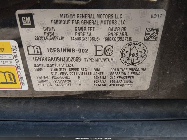 Chevrolet Traverse 1lt 2017 1GNKVGKD9HJ302869 Image 9