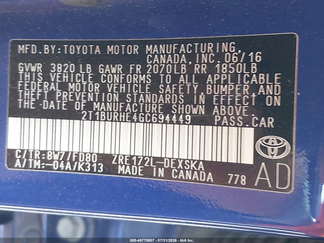Продажа на аукционе авто 2016 Toyota Corolla S Plus, vin: 2T1BURHE4GC694449, номер лота: 45770007
