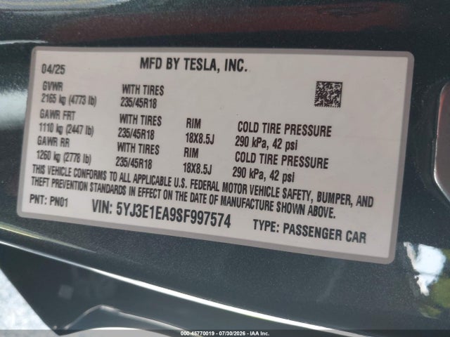 Продаж на аукціоні авто 2025 Tesla Model 3 Long Range Rear-wheel Drive/standard Rear-wheel Drive, vin: 5YJ3E1EA9SF997574, номер лоту: 45770019