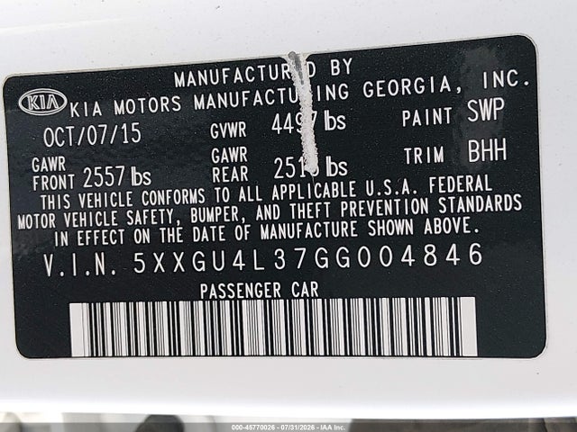Aukcja sprzedaży 2016 Kia Optima Ex, vin: 5XXGU4L37GG004846, numer aukcji: 45770026