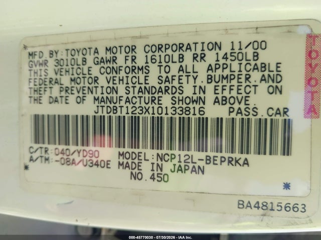 Продаж на аукціоні авто 2001 Toyota Echo, vin: JTDBT123X10133816, номер лоту: 45770030