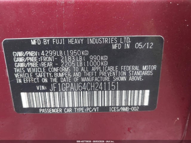 Продажа на аукционе авто 2012 Subaru Impreza 2.0i Sport Limited, vin: JF1GPAU64CH241151, номер лота: 45770038